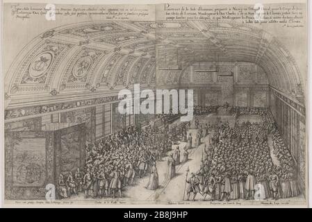 Funérailles de Charles nommé troisième pompe, duc de Lorraine, Nancy fait l'année 1608, le deuxième des dix grands endroits: Salle d'honneur préparé Nancy dans la salle Ducal (la blanche 3 page 516; Andreas Andresen 10 (4 ), Volume 4, page 193) Friedrich Brentel, dit Brentel le père (1580-1651). Pompe funèbre de Charles troisième du nom, Duc de Lorraine, fait à Nancy l'an 1608, deuxième table des dix grandes : salle d'honneur pré à Nancy en l'Hôtel ducal (le Blanc 3 page 516 ; Andreas Andresen 10 (4), tome 4, page 193). Eau-forte. 1609. Musée des Beaux-Arts de la Ville de Paris, petit Palais. Banque D'Images