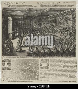 Funérailles de Charles nommé troisième pompe, duc de Lorraine, Nancy fait l'année 1608, premier des dix grandes tables: La chambre de mort du duc de Lorraine, variante (le Blanc 3 page 516; Andreas Andresen 10 (3), volume 4, page 193) Friedrich Brentel, dit Brentel le père (1580-1651). Pompe funéraire de Charles troisième du nom, Duc de Lorraine, fait à Nancy l'an 1608, première des dix grandes tables : la chambre morale du duc de Lorraine, variante (le Blanc 3 page 516 ; Andreas Andresen 10 (3), tome 4, page 193). Eau-forte. 1609. Musée des Beaux-Arts de la Ville de Paris, petit Palais. Banque D'Images