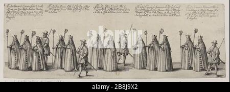 Funérailles de Charles nommé troisième pompe, duc de Lorraine, Nancy fait l'année 1608, trente-cinquième représentation du conseil d'administration de la procession: Après les abbés portant des bâtons (le Blanc 48 page 516; Andreas Andresen 10, Volume 4 à la page 192) Friedrich Brentel, dit Brentel le père (1580-1651). Pompe funèbre de Charles troisième du nom, Duc de Lorraine, fait à Nancy l'an 1608, tente-crème planète de la représentation du cortège : Suite d'abbés porte des Croix des (le Blanc 48 page ; 516 Andreas Andresen 10, tome 4, page 192). Eau-forte. 1609. Musée des Beaux-Arts de la Ville de Paris, petit Palais. Banque D'Images