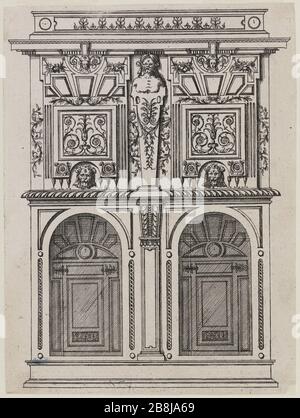 Série de panneaux de meubles: Autre bureau. Quatrième armoire d'une série de 21. Jacques Androuet du Cereau (1515-1584). 'Recueil de planches de mobilier : armoire d'Autre. Chambre d'une suite de 21'. Eau-forte. 1575. Musée des Beaux-Arts de la Ville de Paris, petit Palais. Banque D'Images