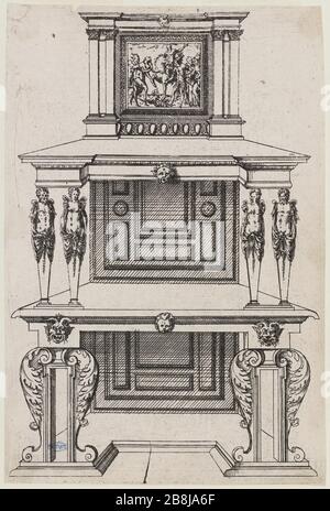 Série de panneaux de meubles: Autre bureau. Huitième bureau d'une séquence de 21 Jacques Androuet du Cereau (1515-1584). 'Recueil de planches de mobilier : armoire d'Autre. Armoire d'une suite de 21'. Eau-forte. 1575. Musée des Beaux-Arts de la Ville de Paris, petit Palais. Banque D'Images