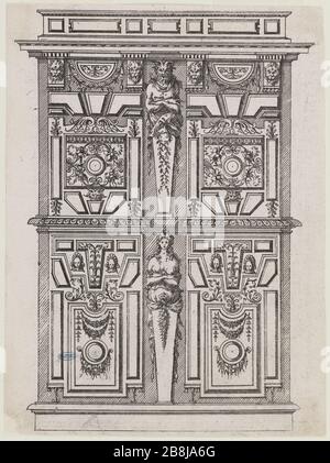 Série de panneaux de meubles: Autre bureau. Neuvième bureau d'une séquence de 21 Jacques Androuet du Cereau (1515-1584). 'Recueil de planches de mobilier : armoire d'Autre. Chambre Neuvième d'une suite de 21'. Eau-forte. 1575. Musée des Beaux-Arts de la Ville de Paris, petit Palais. Banque D'Images