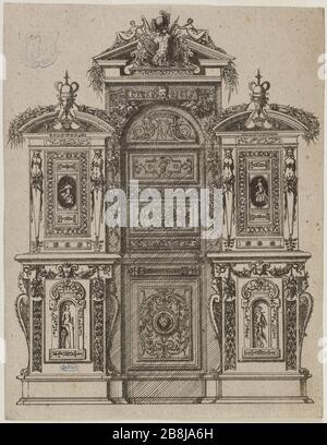 Série de panneaux de meubles: Autre bureau. Troisième Cabinet d'une séquence de 21 Jacques Androuet du Cereau (1515-1584). 'Recueil de planches de mobilier : armoire d'Autre. Chambre d'une suite de 21'. Eau-forte. 1575. Musée des Beaux-Arts de la Ville de Paris, petit Palais. Banque D'Images