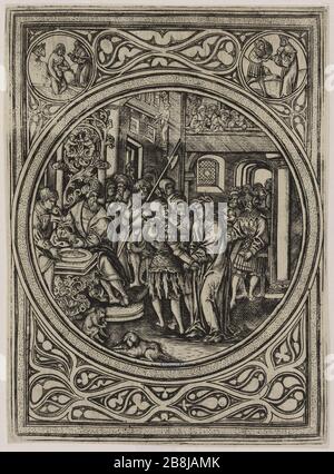 La passion du Christ : le Christ avant Pilate. Huitième dans une série de 21 pièces. (Passavant 116) Maître à l''S. 'La Passion du Christ : le Christ détant Pilate. La suite de 21 pièces. (Passavant 116)'. Burin. 1500. Musée des Beaux-Arts de la Ville de Paris, petit Palais. Banque D'Images