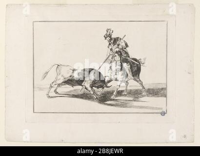 TAUROMACHIE - PL11 - El Cid dansant AUTRE TORO - H 214 I1 Francisco Goya (1746-1828). 'Tauromachie- PL.11- El Cid Campeador lanceando otro toro- H 214 I'. Eau-forte et pointe flèche. Musée des Beaux-Arts de la Ville de Paris, petit Palais. Banque D'Images