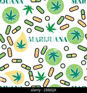 Cannabis THC pilules texture. Comprimés de Marjuana modèle transparent avec feuille. Modèle sans fin de conception légalisable de surface. Illustration vectorielle isolée sur Illustration de Vecteur