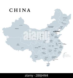 Chine, carte politique grise, avec divisions administratives. République populaire de Chine avec Beijing, capitale, provinces avec capitales et frontières. Banque D'Images