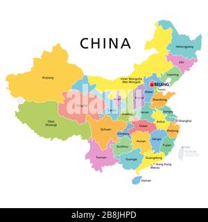 Chine, carte politique avec provinces multicolores. République populaire de Chine avec Beijing, capitale, frontières et divisions administratives. Anglais. Banque D'Images