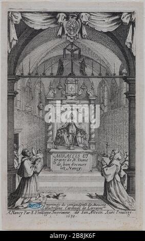 Frontispiece de miracles et de grâces notre Dame de bonne aide-les-Nancy (Lieure 669, Meaume 197) Jacques Callot (1592-1635). 'FrontiSpice des Miracles et des Grâces de notre-Dame de bon-secours-les-Nancy ( Lieure 669, Meaume 197). Eau-forte. 1630. Musée des Beaux-Arts de la Ville de Paris, petit Palais. Banque D'Images