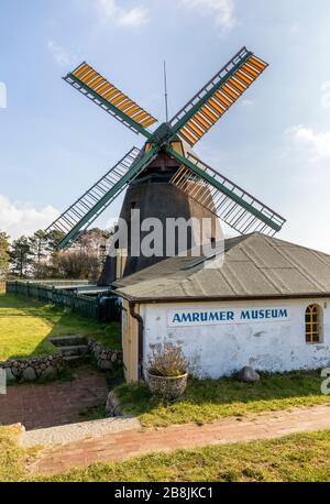 Moulin à vent et musée historiques construits dans le village de Nebel sur l'île allemande de la mer du Nord d'Amrum Banque D'Images