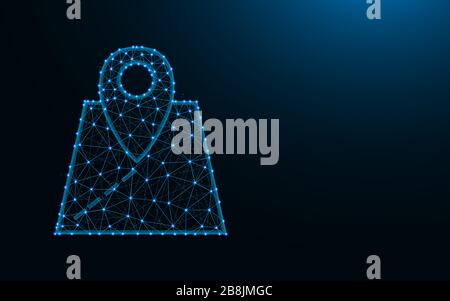 Carte et marqueur réalisés à partir de points et de lignes sur fond bleu foncé, direction de la carte maillage filaire illustration polygonale vectorielle Illustration de Vecteur