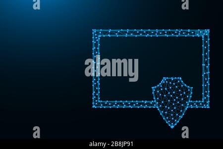 Fenêtre et blindage réalisés à partir de points et de lignes sur fond bleu foncé, protection du Web maillage filaire illustration polygonale vectorielle Illustration de Vecteur