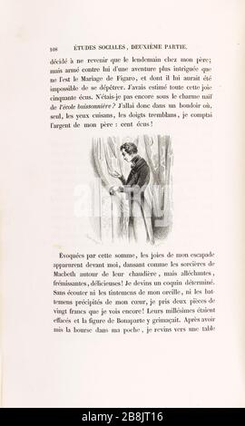'Je suis allé dans un bouoir où, seul, les yeux de la cuisine, les doigts de trempage, j'ai compté l'argent de mon père: Une centaine de couronnes! '' Janet-Lange (1815-1872) et Charles Beyer (né en 1792). 'La peau de chagrin', roman d'Honoré de Balzac (1799-1850), édition illustraée. 'N'allai donc dans un bouoir où, seul, les yeux cuisinans, les colomgts tremblans, je compatai l'argent de mon père : cent écs ! ''. Gravitation sur acier. Edition H. Delloye et Victor Lecou, 1838. Paris, Maison de Balzac. Banque D'Images