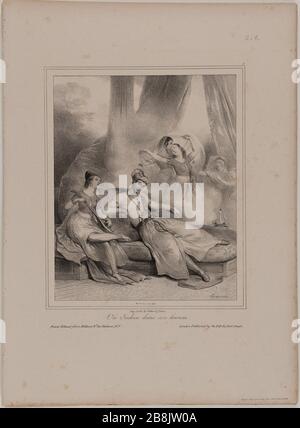 Album lithographié par Deveria, à Gihaut à Paris et à Londres Tilt, 1833. Album lithographié 1833: Un Indien dans son harem Achille Deveria (1800-1857), Gihaut frères et Charles Tilt. Album lithographique. Un indépendant dans les fils haum. Lithographie, 1833. Paris, musée Carnavalet. Banque D'Images