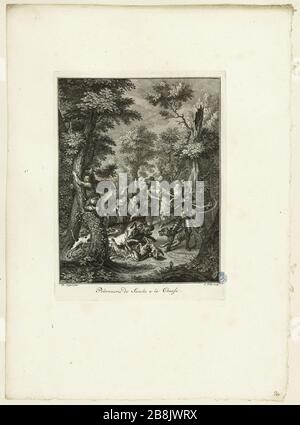 Histoire de Don Quichote après Charles Antoine Coypel, Sancho lâcheté chasse (vingtième numéro d'une série de 31 pièces) Simon Fokke. Histoire de Don Quichotte d'après Charles Antoine Coypel, Poltronerie de Sancho à la chasse (Vingtième numéro d'une suite de 31 pièces). Burin, 1746. Musée des Beaux-Arts de la Ville de Paris, petit Palais. Banque D'Images