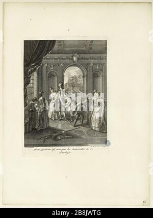 Histoire de Don Quichote après Charles Antoine Coypel, Don Quichote est servi par la duchesse des dames (dix-septième édition d'une série de 31 pièces) Bernard Picart (1673-1733). Histoire de Don Quichotte d'après Charles Antoine Coypel, Don Quichotte est servi par les demoiselles de la duchesse (Dix-septit numéro d'une suite de 31 pièces). Burin, 1746. Musée des Beaux-Arts de la Ville de Paris, petit Palais. Banque D'Images