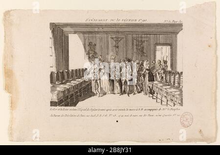 Visitez l'hôpital fondateur par le roi Louis XVI, la reine Marie-Antoinette et le Dauphin à la fin de la messe donnée à notre Dame, actuelle place du Parvis notre Dame, Ile-de-la-Cité, 4ème arrondissement. Extrait du Journal des révolutions de Paris. Anonyme. Evêque du 10 Février 1790.' Visite de l'Hôpital des enfants Troubés par le roi Louis XVI, la reine Marie-Antoinette et le dauphin au sortir de la messe donné à notre-Dame, actuelle place du Parvis-notre-Dame, île-de-la-Cité. Paris (IVème arr.). Extrait du Journal des évolutions de Paris. Eau-forte, 1790. Paris, musée Carnavalet. Banque D'Images