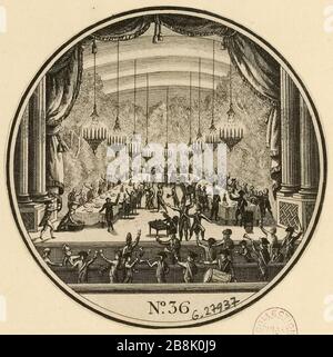 Garde du corps Journée, régiments de Flandre, dragons Montmorency et gardes nationaux de Versailles. À la lecture de la cocarde nationale, ils portent le signe rond noir de la Confédération aristocratique. 1er octobre 1789. Chambre Opéra de Versailles. 36ème table, tableau 3 de la galerie d'histoire Tables ou les événements de la Révolution française (1795-1799). (Titre factice) Banque D'Images