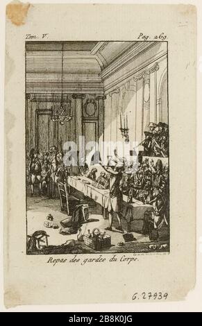 Garde du corps Journée, régiments de Flandre, dragons Montmorency et gardes nationaux de Versailles. À la lecture de la cocarde nationale, ils portent le signe rond noir de la Confédération aristocratique. 31 septembre 1789. Chambre Opéra de Versailles. (Titre factice) Banque D'Images
