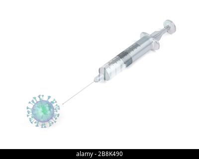 Illustration tridimensionnelle avec virus et seringue. Image conceptuelle de la maladie du coronavirus COVID-19 pandémie. Banque D'Images