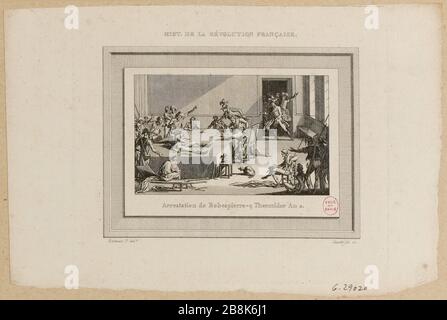 Révolution française : jour 10 Thermidor année II (28 juillet 1794). Arrestation de Robespierre blessé, allongé dans l'antichambre de la haute commission publique. Tuileries. 1ère arrondissement (titre factice) Banque D'Images