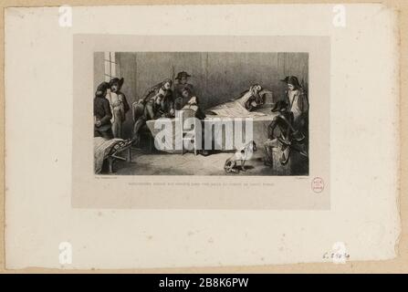 Révolution française : jour 10 Thermidor année II ou 28 juillet 1794. Robespierre arrêté et blessé, est allongé dans l'antichambre du Comité de la haute publique. Tuileries. 4ème arrondissement (titre factice) Banque D'Images