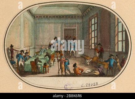 Révolution française : jour 10 Thermidor année II ou 28 juillet 1794. Robespierre arrêté et blessé, est allongé dans l'antichambre du Comité de la haute publique. Tuileries. 4ème arrondissement. Numéro 121, plaque 8 de la galerie d'histoire ... (TF) Banque D'Images