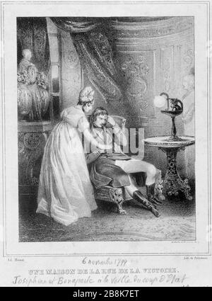 RÉVOLUTION FRANÇAISE, EXÉCUTIF. JOSEPHINE ET NAPOLÉON BONAPARTE BEAUHARNAIS UN HÔTEL DE LA RUE DES VICTOIRES (DÉTRUITE, ACTUELLE 9ÈME ARRONDISSEMENT) EN 1799 ANNÉE VIII ADOLPHE MARIE-ALEXANDRE, DIT MENUT (1812-1883), DELAUNOIS . Revolution française, répertoire. Joséphine de Beauharnais et Napoléon Bonaparte à l'Hôtel de la rue des victoires (détruit, actuel IXème arr.), 1799, an VIII (factice de titre). Une maison de la rue de la Victoire (titre inscrit). Document de Cabinet d'arts graphiques. Lithographie. Paris, musée Carnavalet. Banque D'Images