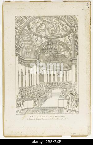 Le banquet impérial, dans la Grande salle du Palais des Tuileries, à l'occasion de l'empereur Maries S.A.I. Archiduchesse d'Autriche. Charles-Pierre-Joseph Normand (1765-1840) d'après Charles Percier (1764-1838) et Pierre-François-Léonard Fontaine (1762-1853), architectes. Album du mariage de 1810. Le banquet Impérial, dans la Grande salle du Palais des Tuileries, à l'occasion du mariage de l'empereur Napoléon Ier et de l'impératrice Marie-Louise d'Autriche. Eau-forte. Paris, musée Carnavalet. Banque D'Images