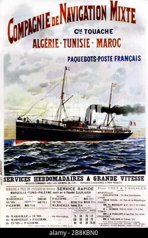 Publicité ou affiche vintage pour les traversiers méditerranéens de Marseille à l'Algérie, la Tunisie et le Maroc. Illustration du début de c20th Banque D'Images