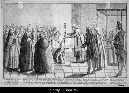 MIRACLE EN FAVEUR de MR DIOPORT, paralytique LE JOUR DE DIEU GRAND PARTI 1769 'Repréprésentation du miracle arrivé à Paris le jour de la grande Fête Dieu dernière à la procession de Saint Côme en faveur du frère Dioport, paralytique dépuis 7 ans... '. 1769. Paris, Musée Carnavalet. Banque D'Images