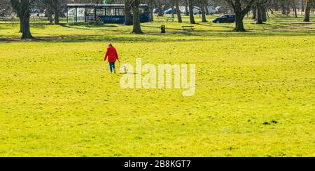 Harrogate, Yorkshire du Nord, Royaume-Uni. 22 mars 2020. Le parc Stray, au centre de Harrogate, serait normalement bourré de gens lors d'une journée de printemps ensoleillée, mais aujourd'hui il n'y a que quelques marcheurs de chiens autour en raison de l'épidémie de Coronavirus. Crédit: ernesto rogata/Alay Live News Banque D'Images