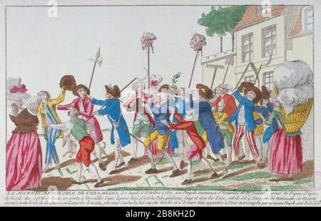 JOUR MÉMORABLE DE VERSAILLES LE LUNDI 5 OCTOBRE 1789, UN PEUPLE ÉNORME HOMMES ET FEMMES ARME DES PIKES, DES ÉPÉES, DES ARMES, HORS DE PARIS FAIT APRÈS LA DÎNER DE VERSAILLES EST LE PAIN DONT NOUS AVONS BESOIN ET NON LES LOIS 'LA JOURNÉE MORABLE DE VERSAILLES, LE LUNDI 5 OCTOBRE 1789, un peuple immense d'hommes et de femmes, bras de pique, d'épiques, de fusills, sorti de Paris se porte à Versailles dans l'après-diné, d'est du pain qu'il nous reste et non des lois...'. Anonyme d'estampe. Paris, musée Carnavalet. Banque D'Images