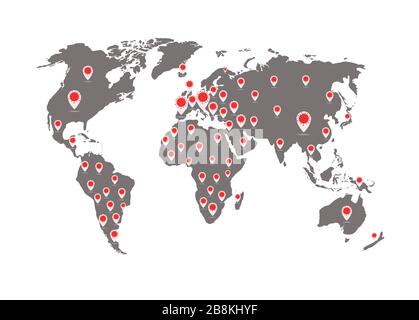 Carte du monde de Coronavirus Covid-19 . Pandémie de coronavirus. Illustration Terre vectorielle plate. La carte montre où le coronavirus s'est propagé Illustration de Vecteur
