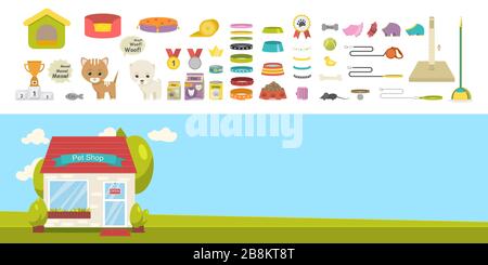 Jeu d'illustrations de magasin d'animaux avec accessoires pour animaux, jouet, nourriture, produits de santé.histoire d'animaux de compagnie.Magazine Illustration de Vecteur