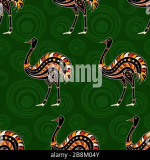 Modèle transparent d'autruches avec cercles abstraits sur fond vert. Art australien style de peinture aborigène. Arrière-plan de couleur vectorielle. Illustration de Vecteur