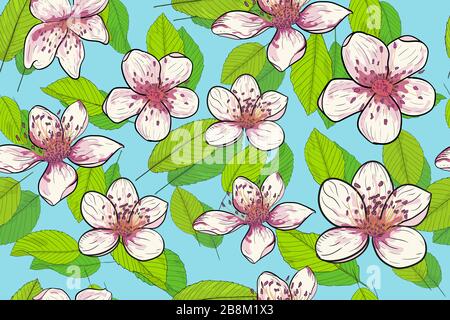 Motif de fleurs de cerisier et de feuilles vertes fleuries. Composition organisée sur un fond bleu. Illustration vectorielle transparente. Nuance fleurie. Sans fin. Illustration de Vecteur