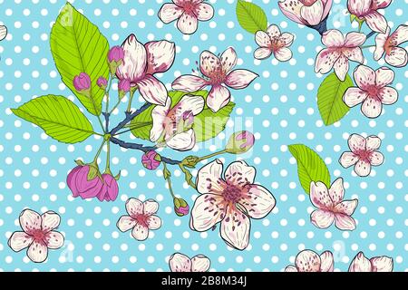 Brindilles avec fleurs de fruits fleuries. Poles blanches sur fond bleu. Nuance fleurie, motif pour tissu, textile. Illustration vectorielle transparente. Illustration de Vecteur