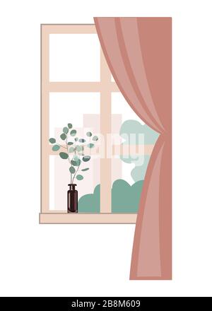 Fenêtre donnant sur les bâtiments de la ville et les arbres. Branche d'eucalyptus dans le verre sur le seuil de fenêtre. Elément de conception intérieur à ressort. Vecteur plat Illustration de Vecteur