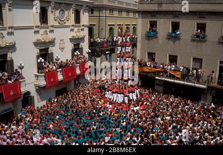 Sant Fèlix, CINC de nou amb folre, Colla Vella dels Xiquets de Valls, Vilafranca del Penedès, Catalogne, Europe Banque D'Images