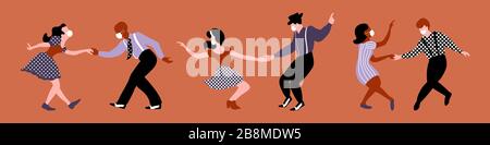 Hommes et femmes dansant lindy hop avec des masques médicaux sur leurs visages. Trois silhouettes couples. Partie de quarantaine. Illustration vectorielle. Illustration de Vecteur