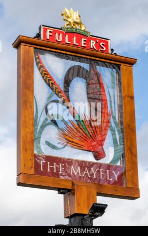 Version moderne du panneau de pub traditionnel suspendu à la maison publique de Mayfly - un pub Fullers - à Fullerton, nr Stockbridge, Hampshire, Angleterre, Royaume-Uni. Banque D'Images