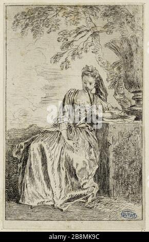 Femme assise Figures pour modes de Watteau Jean-Antoine Watteau (1684-1721). Femme assise pour les Figures de modes de Watteau. Eau-forte, 1710. Musée des Beaux-Arts de la Ville de Paris, petit Palais. Banque D'Images