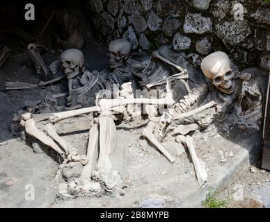 Restes squelettiques des victimes de l'éruption du Vésuve AD 79, Herculaneum, Campanie, Italie. Banque D'Images