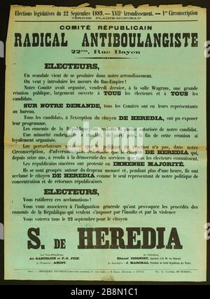 Élections législatives du 22 septembre 1889. - XVII District. - - 1ère unité, TERNES, COMITÉ DU tas ORDINAIRE REPUBLICAIN RADICAL ANTIBOULANGISTE, 22 bis, rue Bayen imprimerie Nouvelle (association ouvrière). Élections législatives du 22 septembre 1889. - XVIIème Arrondissement. - 1 re Circonscription, TERNES, PLAINE-MONCEAU, COMITE REPUBLICAIN RADICAL ANTIBOULANGISTE, 22 bis, rue Bayen. Typographie sur papier vert. 1889. Paris, musée Carnavalet. Banque D'Images