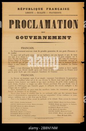 RÉPUBLIQUE FRANÇAISE, LIBERTÉ - ÉGALITÉ - FRATERNITÉ, PROCLAMATION DU GOUVERNEMENT FRANÇAIS AFFICHE D'INFORMATION. ' Proclamation du gouvernement English'. Typographie. 1914. L'imprimerie des journalistes officiels. Paris, musée Carnavalet . Banque D'Images