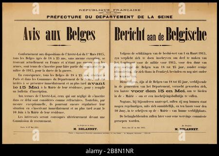 RÉPUBLIQUE FRANÇAISE, LIBERTÉ - ÉGALITÉ - FRATERNITÉ, département-préfecture DE SEINE, Avis aux Belges Affiche d'information. 'Avis aux Belges'. Préfecture du département de la Seine. Typographie. 1915. Imprimerie Nouvelle (association ouvrière). Paris, musée Carnavalet . Banque D'Images