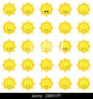 Jeu de vecteurs émoticônes Sun, émoticônes météorologiques. Illustration de Vecteur