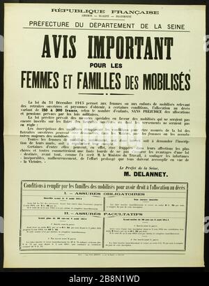 RÉPUBLIQUE FRANÇAISE, LIBERTÉ - ÉGALITÉ - FRATERNITÉ, DÉPARTEMENT-PRÉFECTURE DE SEINE, IMPORTANTE POUR LES FEMMES ET LES FAMILLES, MOBILISE L'IMPRIMERIE PAUL DUPONT. RÉPUBLIQUE FRANCAISE,LIBERTE - EGALITE - FRATERNITE, PRÉFECTURE DU DÉPARTEMENT DE LA SEINE, AVIS IMPORTANT POUR LES FEMMES ET FAMILLES DES MOBILISEMENTS. Typographie. 1916. Paris, musée Carnavalet. Banque D'Images