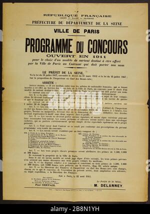 RÉPUBLIQUE FRANÇAISE, LIBERTÉ - ÉGALITÉ - FRATERNITÉ, département-préfecture DE LA SEINE, VILLE DE PARIS, PROGRAMME DE CONCOURS OUVERT 1911 pour choisir un modèle particulier à offrir par la Ville de Paris dans le cuirassé qui doit porter son nom de famille Affiche d'information. ' Programme du concours vert en 1911 pour le choix d'un modèle de sudout destin à être offert par la ville de Paris au Cuirassé qui qui le fait porter son nom'. Préfecture du département de la Seine, Ville de Paris. Typographie. 1911. Imprimerie Paul Dupont. Paris, musée Carnavalet . Banque D'Images